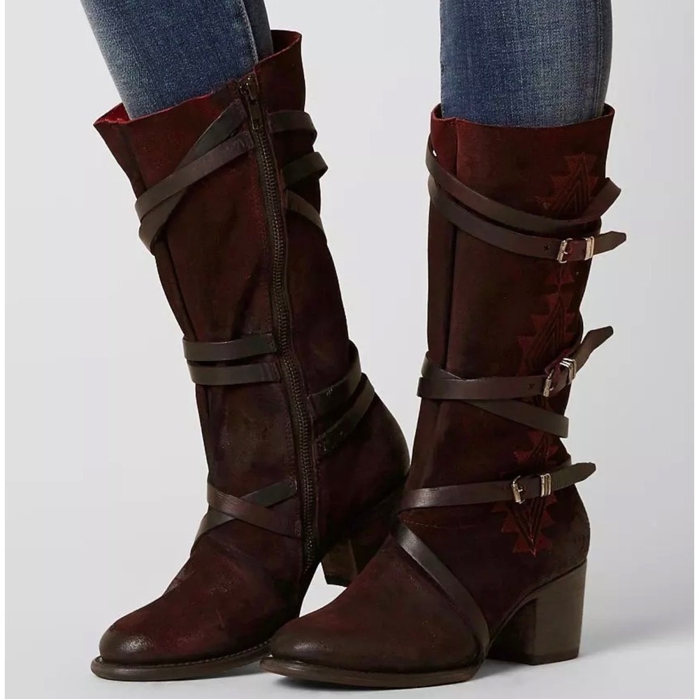 Free Bird by Steven Colin Burgundy Suede Tall Buckle Boots Distressed Boho Sz 10
